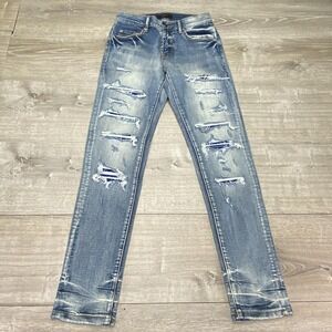 Amiri Jeans Mens 29x31 Blue Med Wash Distressed Bandana Patch Slim Stretch